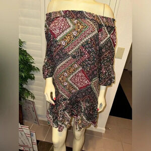 ROSE AND GRACE NYC BOHO RUFFLE OF THE SHOULDER MINI DRES WITH BELL SLEVES SIZE S